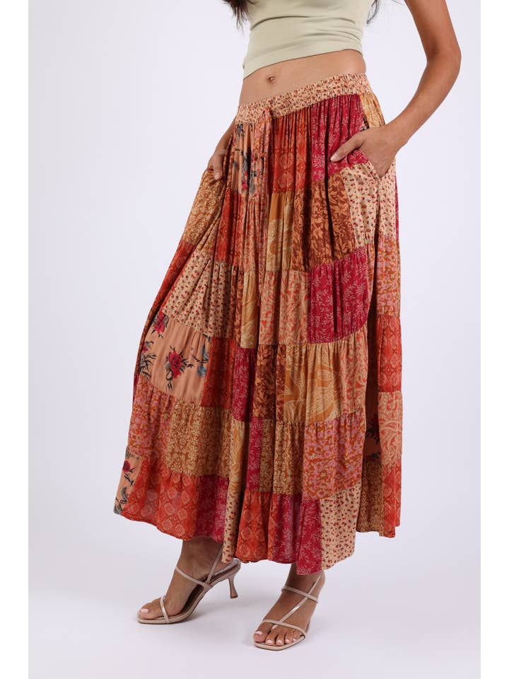 Sacred Threads - Wholesale Skirt - Women's - Maple Bloom Patchwork Maxi Skirt (Autumn Tones)2