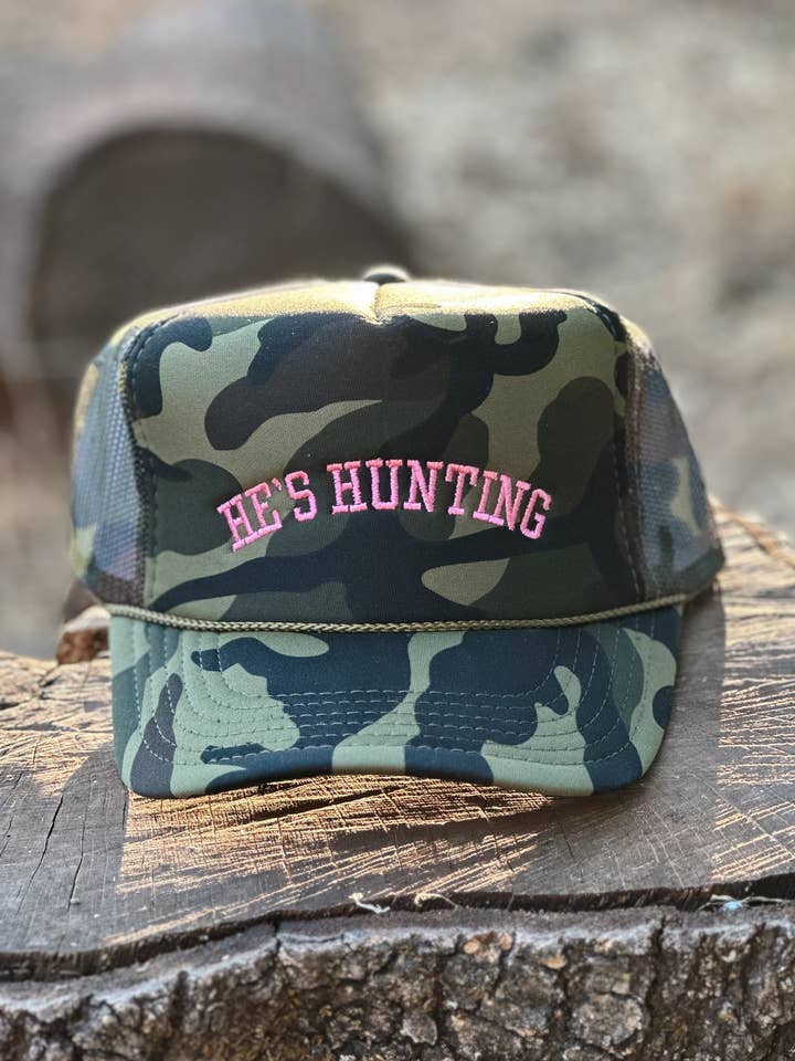 He's Hunting Camo Embroidered Foam Trucker Hat for wholesale by DENVERCO.