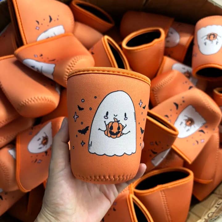 Jollie Ollie Designs - Wholesale Drink Huggers & Koozies - Orange Ghostie Coffee Sleeve
