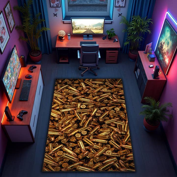 Tappeto con motivo di munizioni per gamer moderno per decorare la tana maschile. per la vendita all'ingrosso da parte di Rugendary Trade LLC