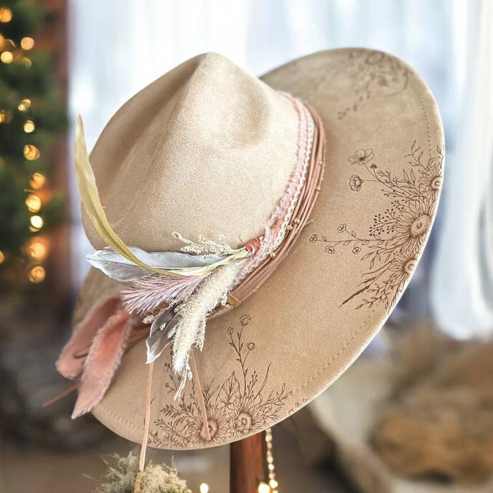 Suede Rancher Hat, Cowboy Hat | Sunflower Floral Brim for wholesale by Wild Indigo