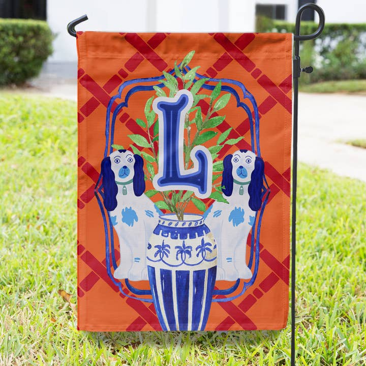 Personalized Monogram Initial Garden Flag, Orange Oriental for wholesale by Boutique Monogram