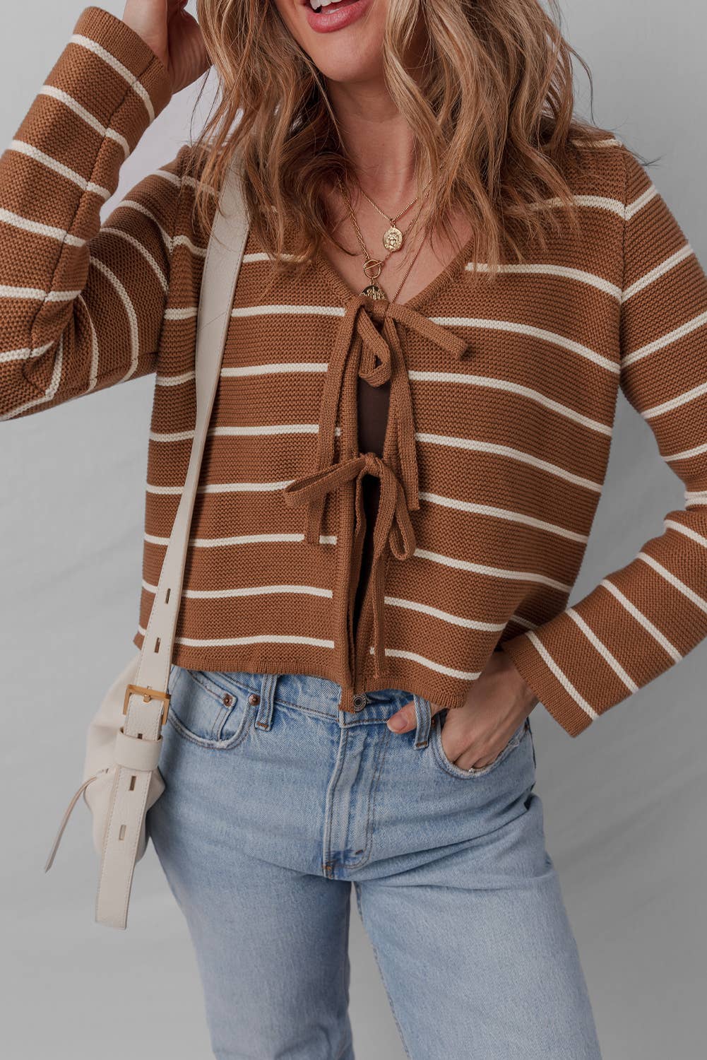 Chestnut  LDC V Neck Tie Front Striped Knit Cardigan Sweater for wholesale on Faire2