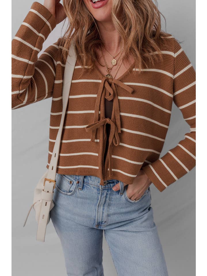 Chestnut LDC V Neck Tie Front Striped Knit Cardigan Sweater for wholesale on Faire2