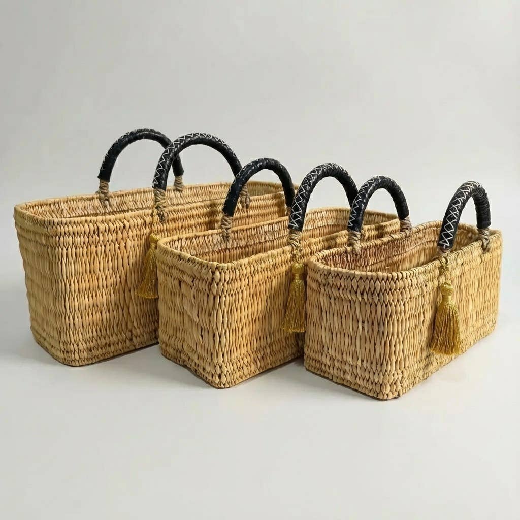 Melecraft – wholesale Basket – Woven Reed Market Basket Tote - Black Leather & Gold Tassel0