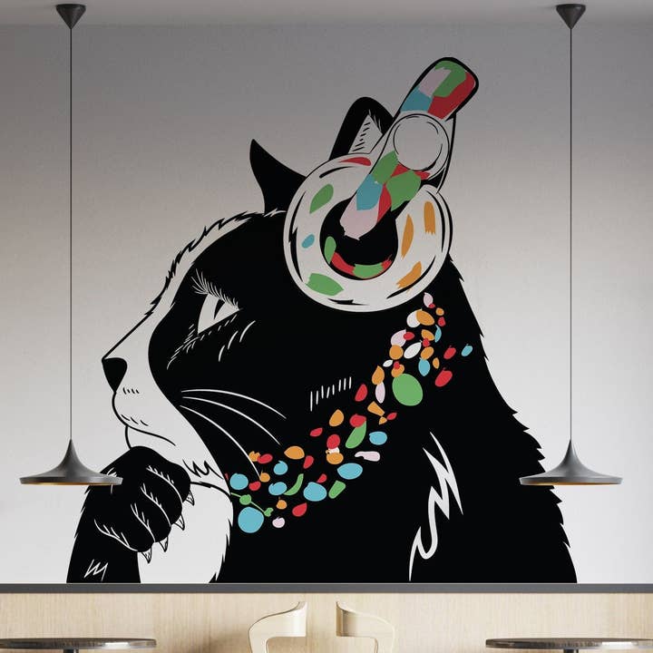 Cat in Headphones Stickers - Inspired by Banksy Graffiti Wall Decal for wholesale by Decords