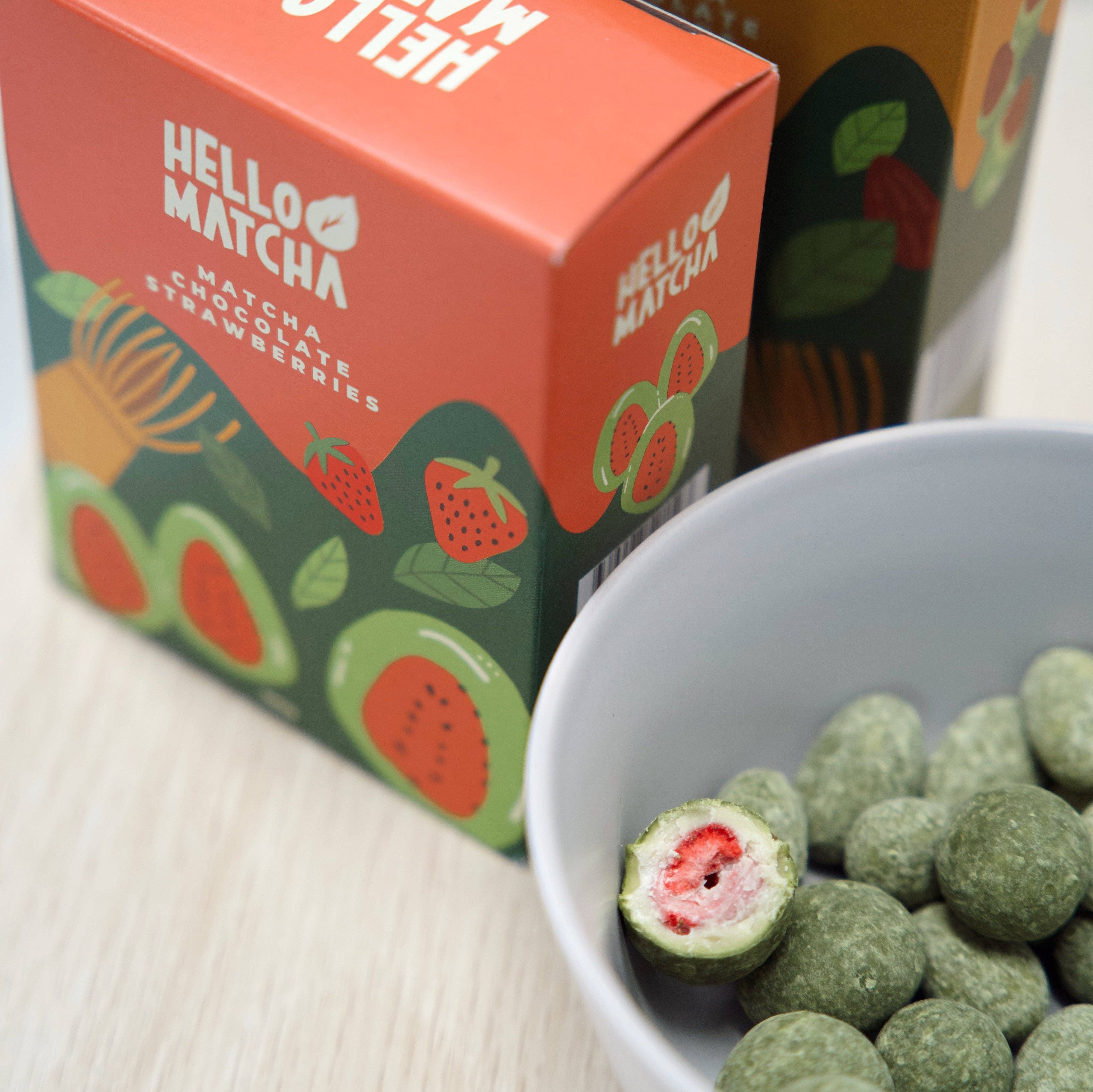 Hello Matcha – Doces cobertos de chocolate por atacado – Morango com chocolate branco e matcha1