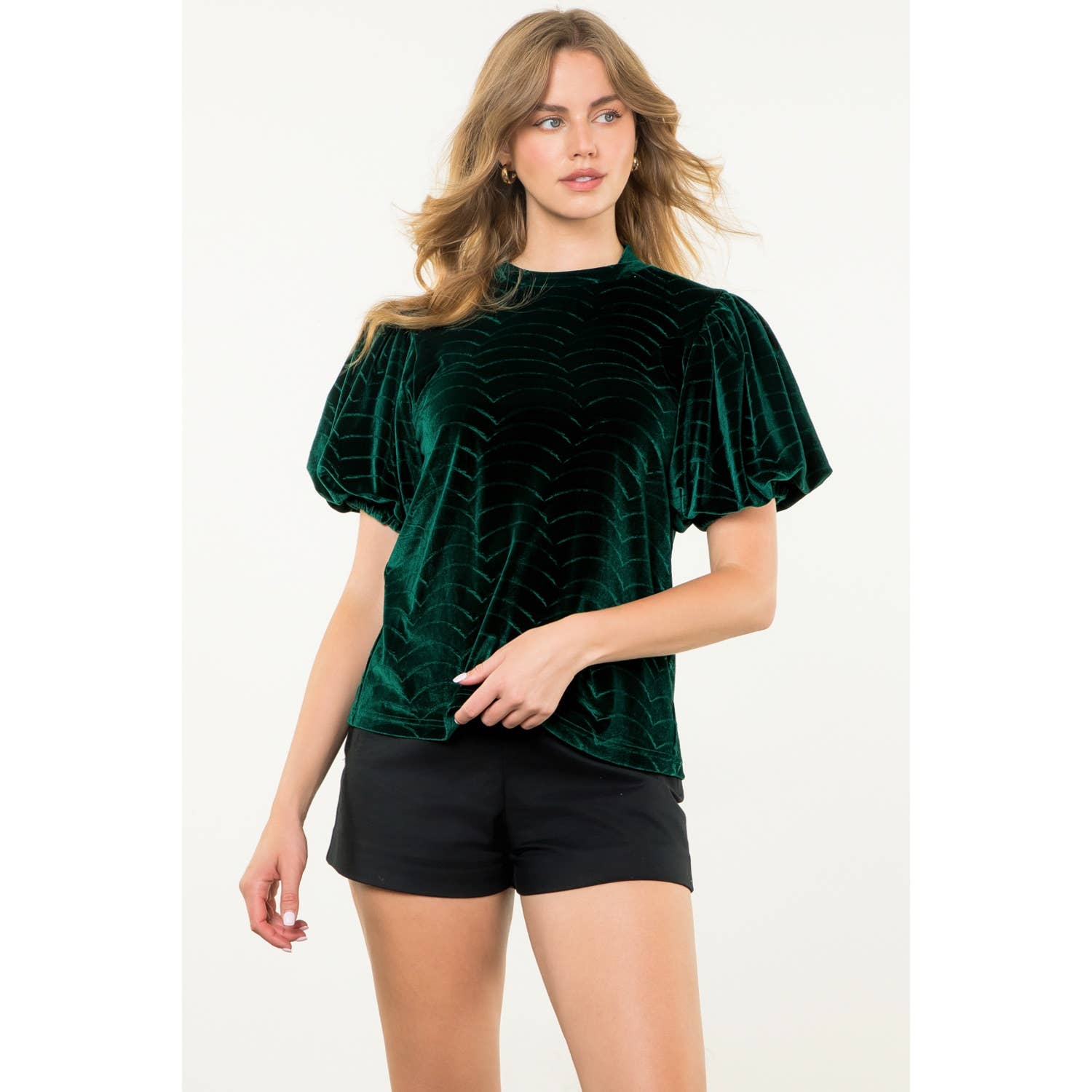 GREEN Puff Sleeve Velvet Top for wholesale on Faire9