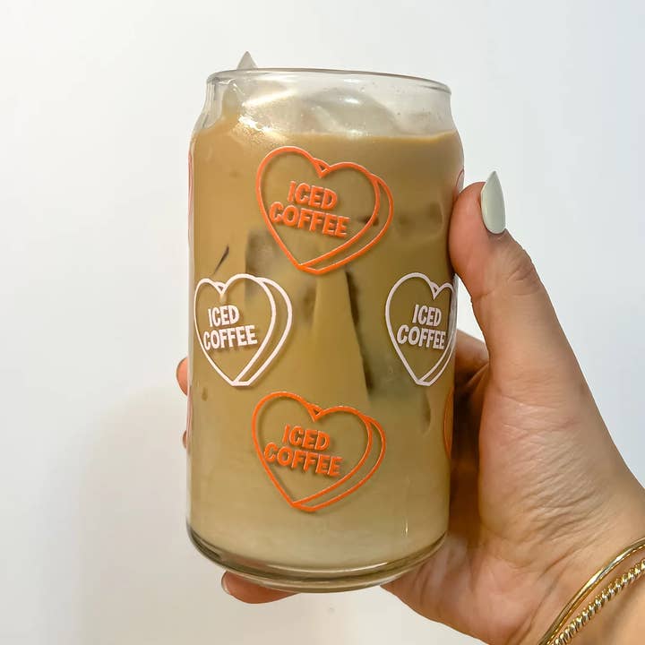 Iced Coffee Candy Hearts Glass Cup for wholesale by Meryum Designs