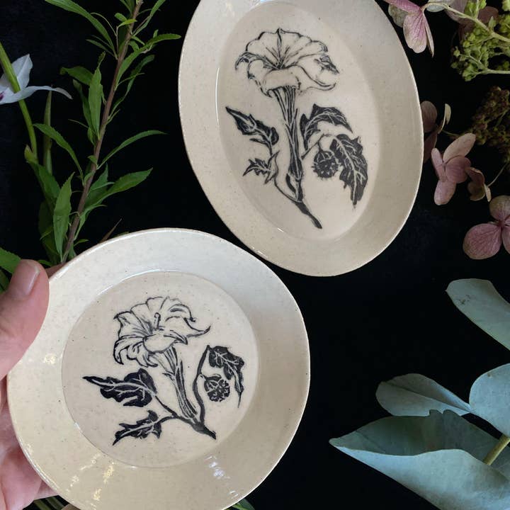 Keven Craft Rituals LLC - Wholesale Decorative plate/dish/bowl - Black Sgraffito Datura Ceramic Offering Plates
