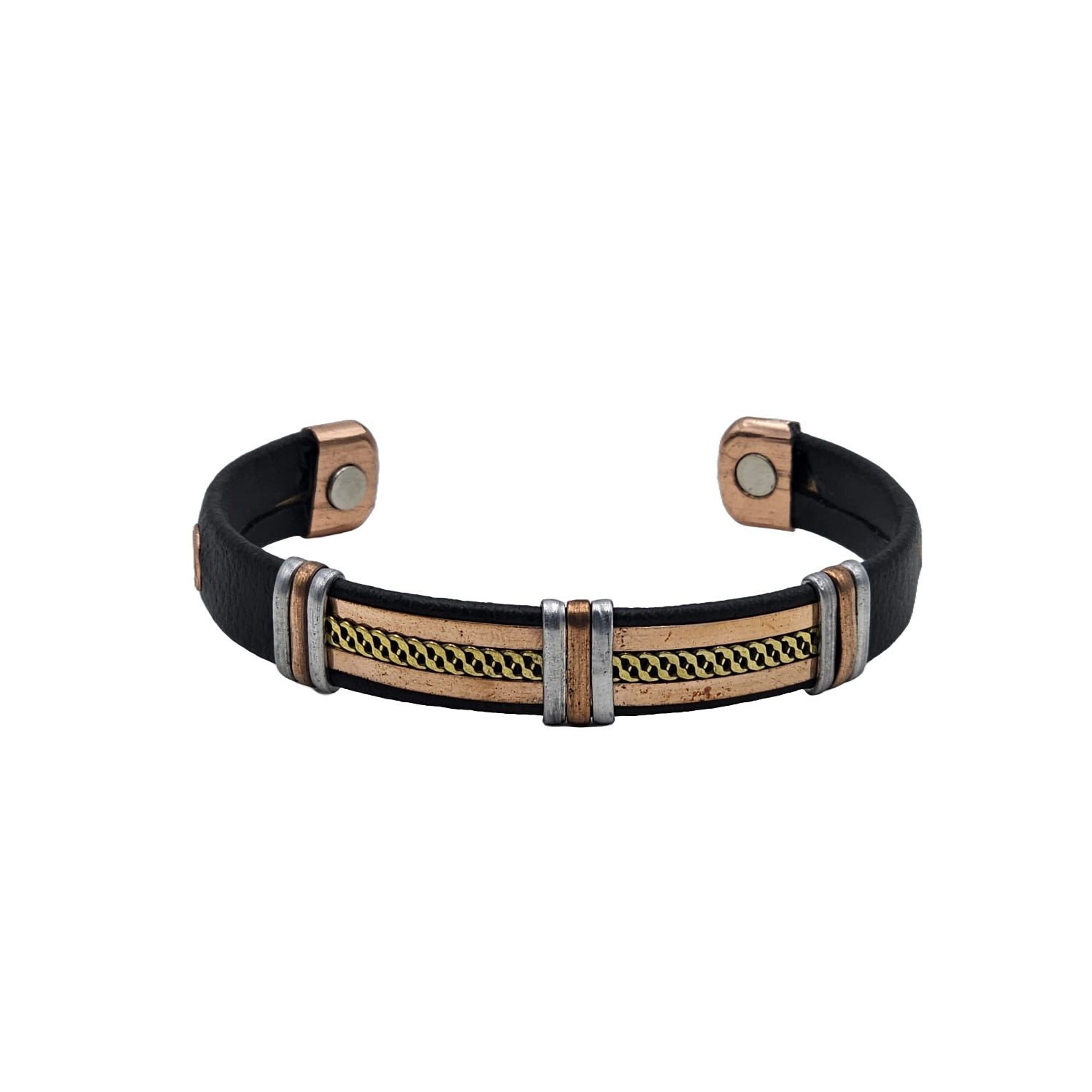 Treasure Jewelry – Engroshandel Manchetarmbånd – Armbåndsmanchet i massivt kobber med kunstlæder og magnetlukning1