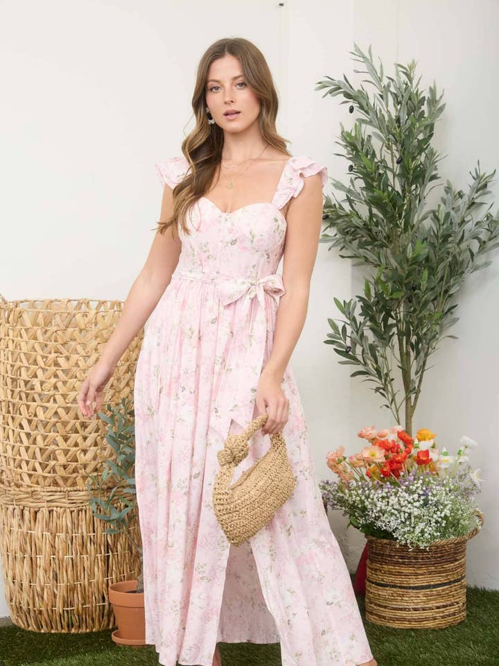 FLORAL WAIST TIE SIDE SLIT CORSET MAXI DRESS for wholesale by MINE