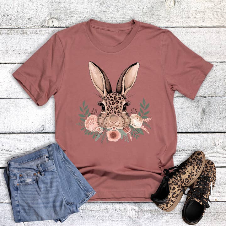 Easter Boho Leopard Bunny Floral Graphic Tee for wholesale by Dust and Roots