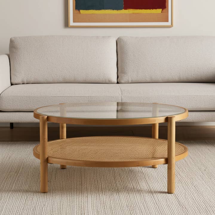 Table basse ronde 86 cm en verre transparent et bois massif naturel avec étagère pour la vente par HomeRoots