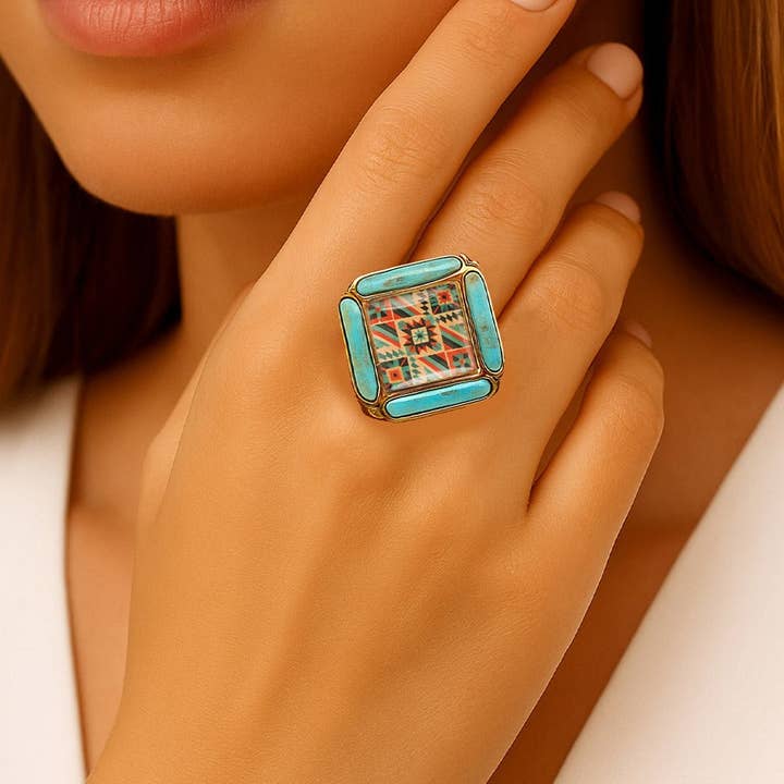 Barse Jewelry - Wholesale Cocktail/Statement Ring - Scenic Native Weave Blue Turquoise Golden Statement Ring1