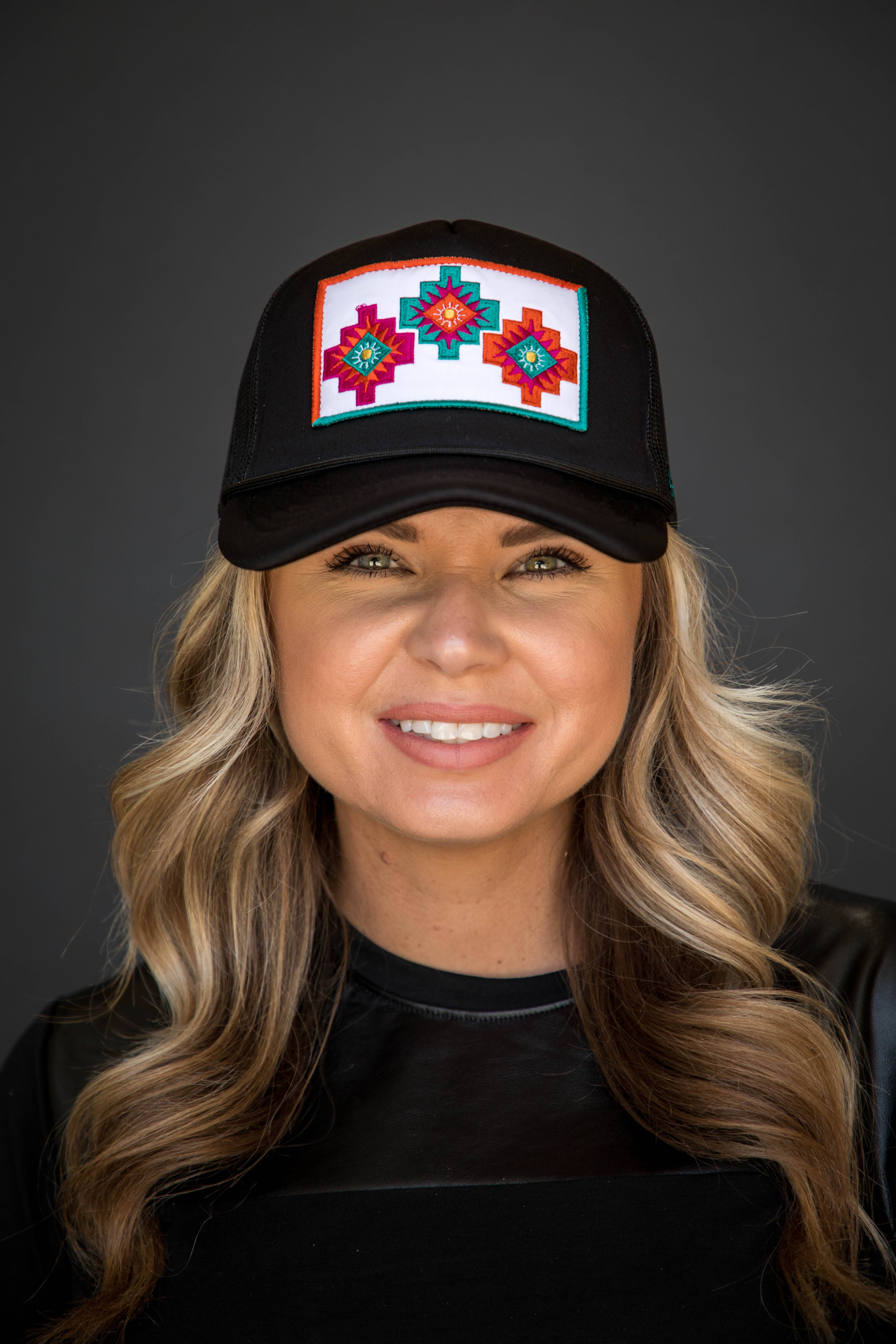 West & Co. - Wholesale Trucker Hat - Women's - Black Trucker Cap with 3 Aztec Symbol Embroidered Patch0
