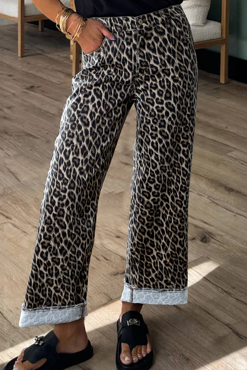 Yellow Western Apparel Leopard Straight Loose Leg Jeans for wholesale on Faire0