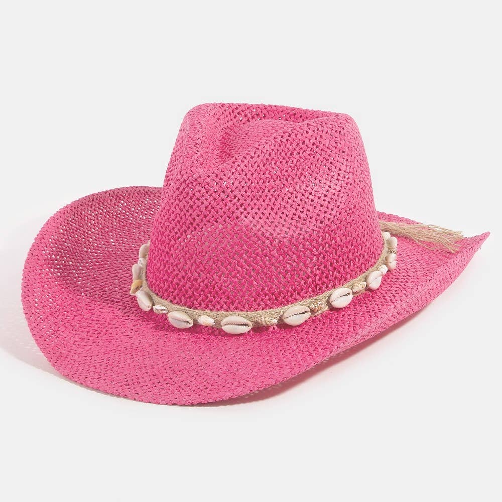 Collections by Fame Accessories – Engroshandel Cowboyhat - Dame – Cowboyhat med snor af stråflet og cowrie-skaller1