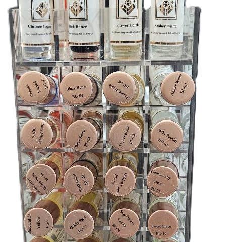 80 frascos de óleo corporal roll-on com expositor acrílico rotativo 360 gratuito por atacado de pristine fragrance