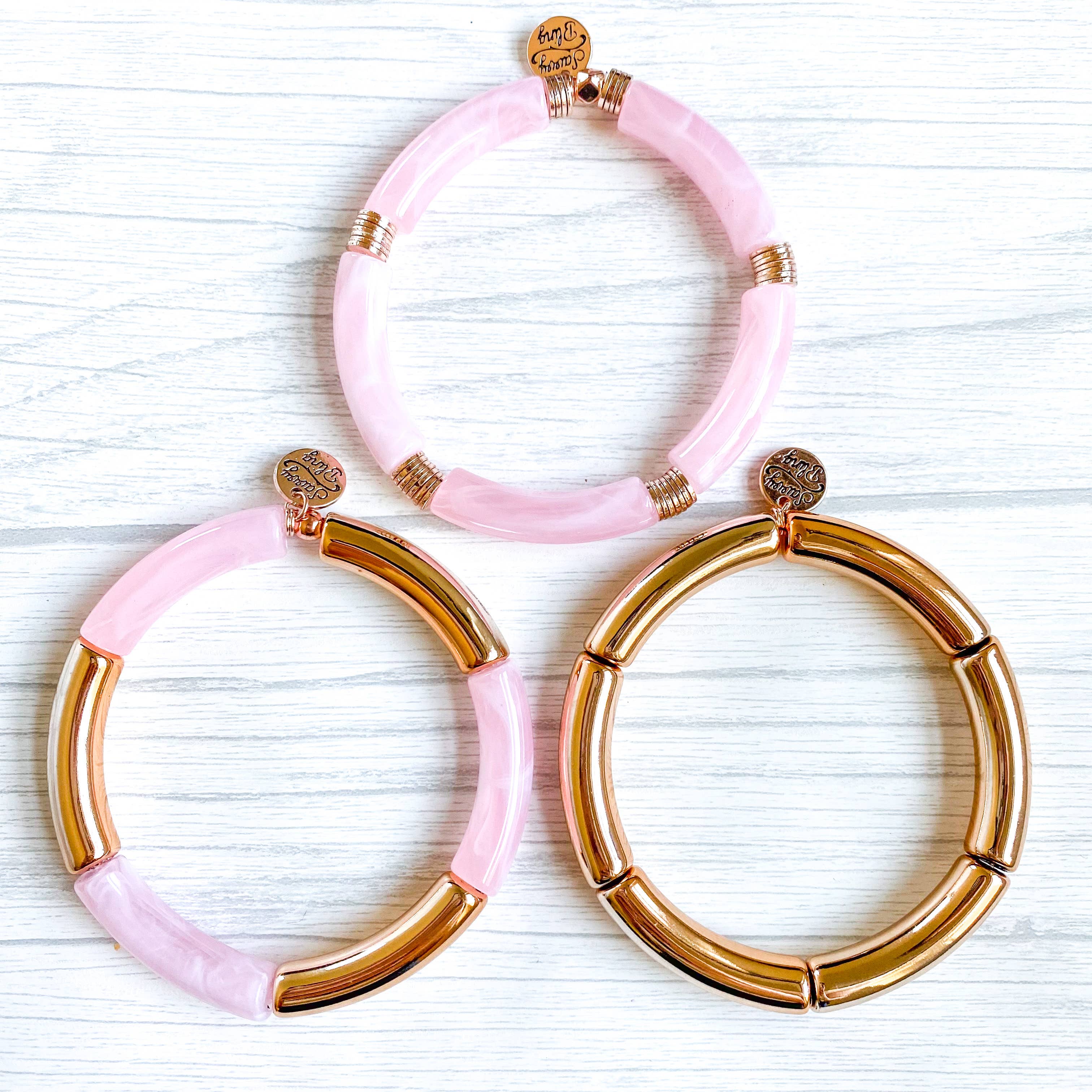 Savvy Bling - Wholesale Bangle Bracelet - Light Pink Marble & Rose Gold Acrylic Tube Bamboo Bracelet4