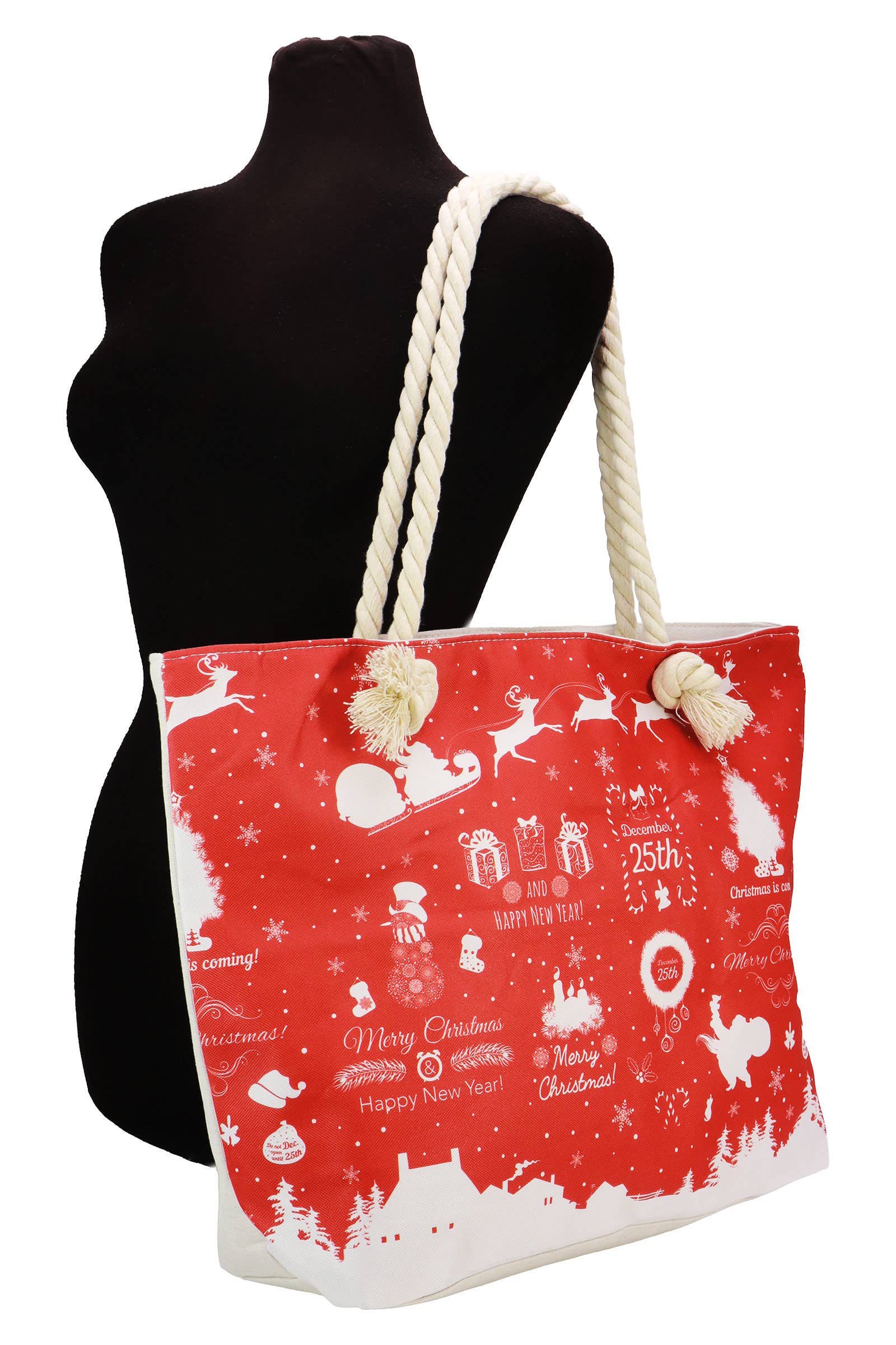 RED WHITE Christmas Winter Village Zipper Canvas Tote Bag for wholesale on Faire7