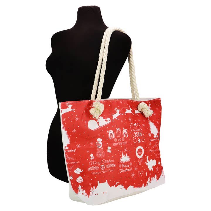 RED WHITE Christmas Winter Village Zipper Canvas Tote Bag for wholesale on Faire7