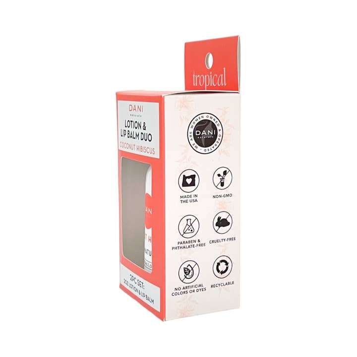 DANI Naturals - Vente Assortiment de baumes à lèvres - Coffret cadeau - Duo de lotion et de baume à lèvres, noix de coco et hibiscus2