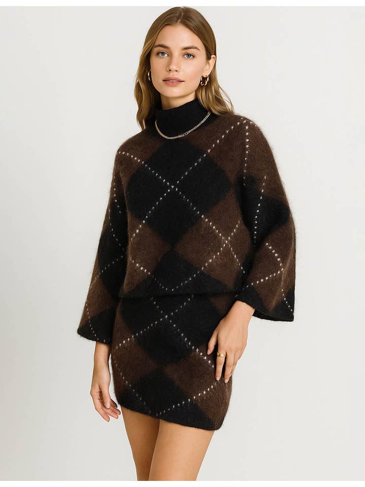 Coffee Ladies Geometric Pattern Mock Collar Long Sleeves Sweater for wholesale on Faire1