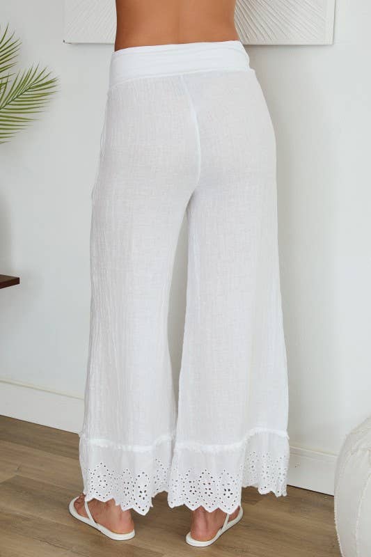 VENTI6 - Wholesale Pants - Women's - EYELET HEM COTTON WIDE LEG LINEN PANTS (19-48)2