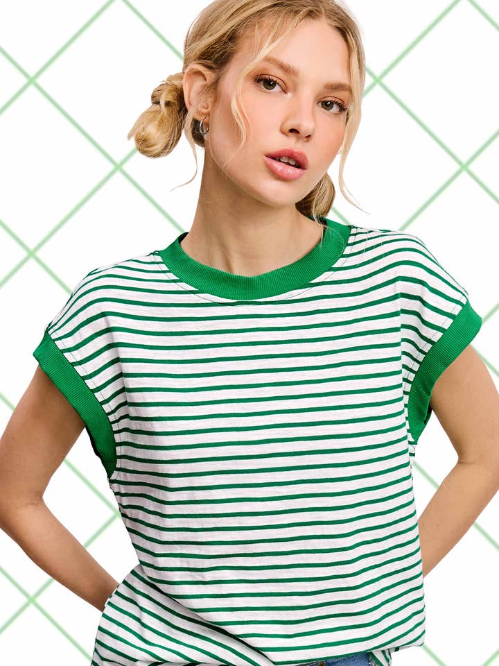 La Miel - Wholesale T-Shirt - Women's - JDT7710-Nautical Cap Sleeve Striped Top