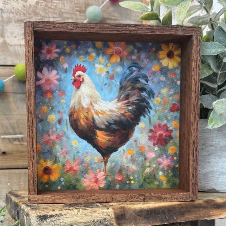 Kleurrijke bloemenkip - met hout ingelijste boerderij op canvas voor wholesale door Hangout Home