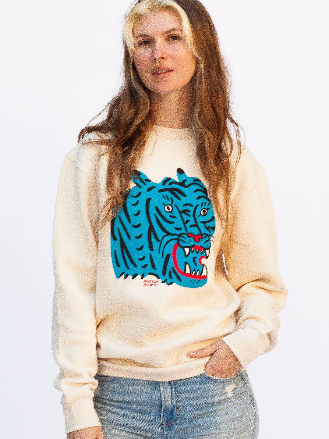 Culk - Wholesale Graphic Sweatshirt - Unisex - Blue Tiger Crewneck Cream by Kristina Micotti1