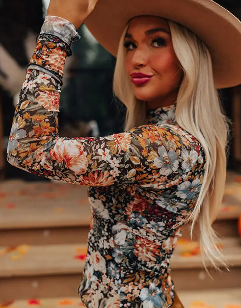 Lovesoft - Vendita all'ingrosso Top in maglia - Donna - Camicetta in rete tubino a maniche lunghe a collo alto con motivo floreale rosa9