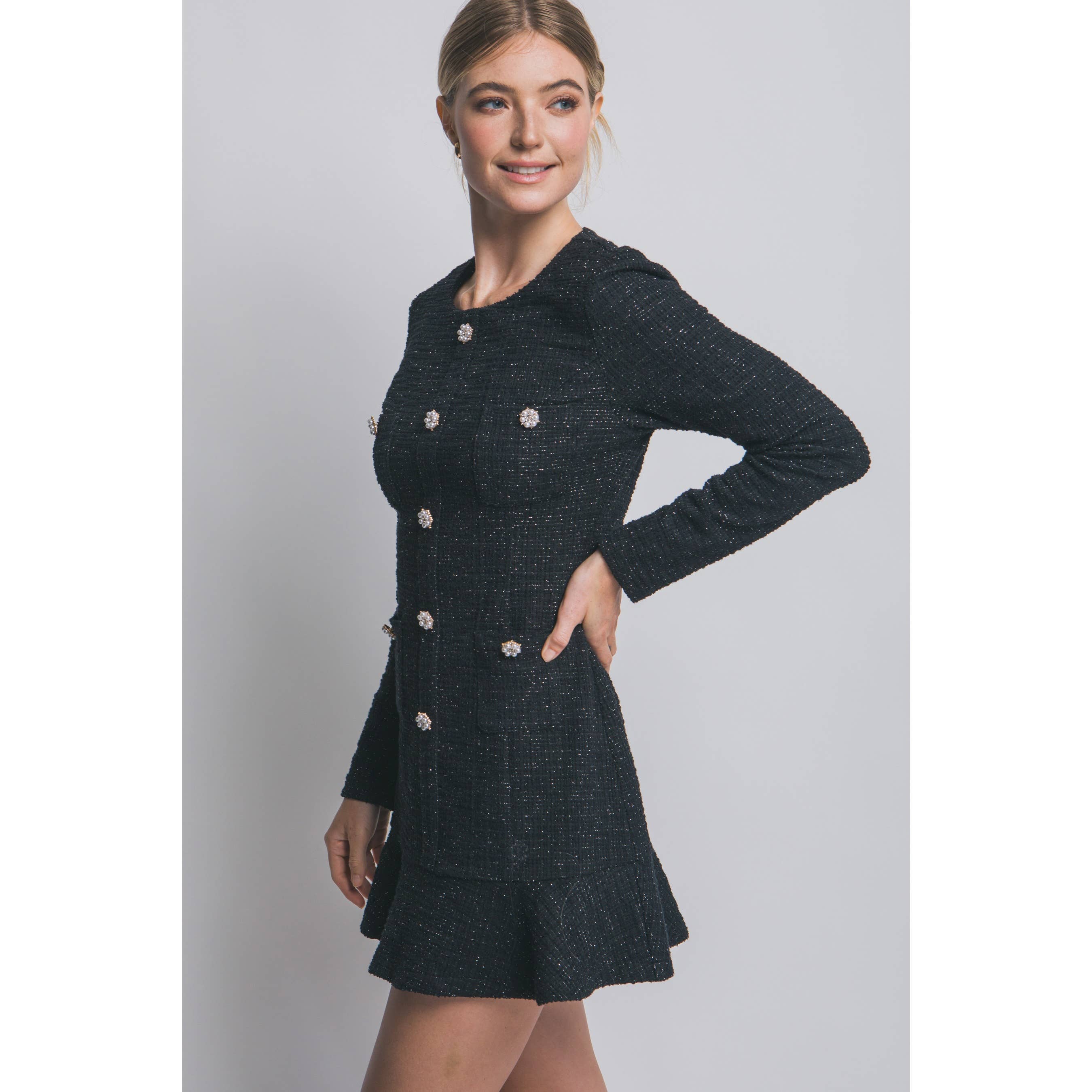 Paperdoll - Wholesale Dress - Women's - Long Sleeve Tweed Single Breasted Dress2