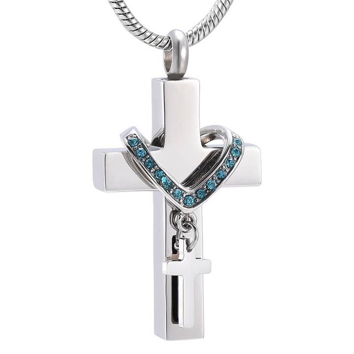 Cherished Emblems – wholesale Pendant/charm necklace – Silver Cross & Rhinestone Rosary Cremation Urn Necklace