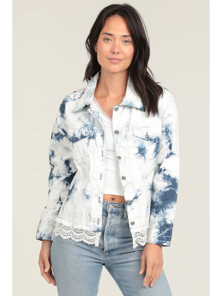 E2T83-ASIS BLEACH TIE DYE WASH DENIM JACKET WITH LACE HEM for wholesale on Faire