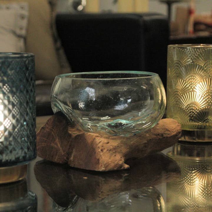 Zeckos - Wholesale Vase - Medium Wide Mouth Molten Glass on Teak Driftwood Decorative Sculptural Bowl, Vase, and Terrarium Planter - Approximately 5 Inches High4