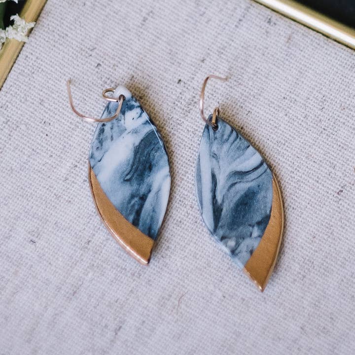 Remnant Studios - Wholesale Dangle Earrings - granite - black and blue marbled leaf earrings3