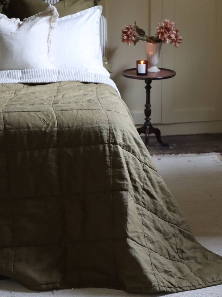 Luxury Olive Linen Quilted Bedspread for wholesale by Ellenvale Trade