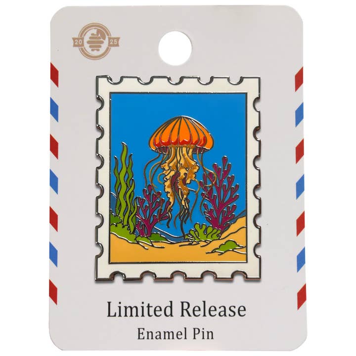 Pacific Sea Nettle Jellyfish Postage Stamp Enamel Pin for wholesale by Pin Hive LLC