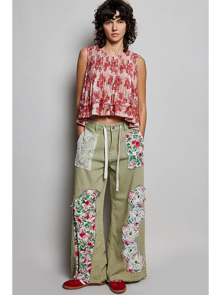 Pol Clothing - Vente Jean – femme - Pantalon en denim à cordon de serrage avec empiècement floral8