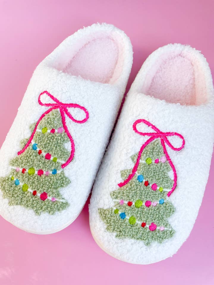 Rock Paper Scissors – wholesale Slippers – Women's – Pink Bow Christmas Tree Slippers - Adult - 4 sizes5