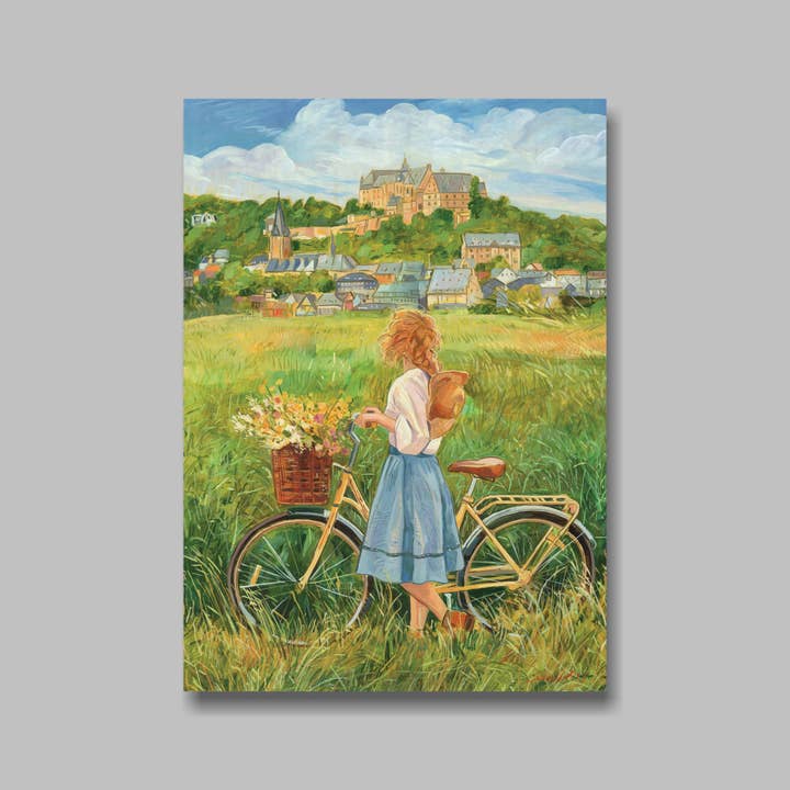 Impressão artística DIN A5, menina, bicicleta, postal por atacado de Atelier No.1