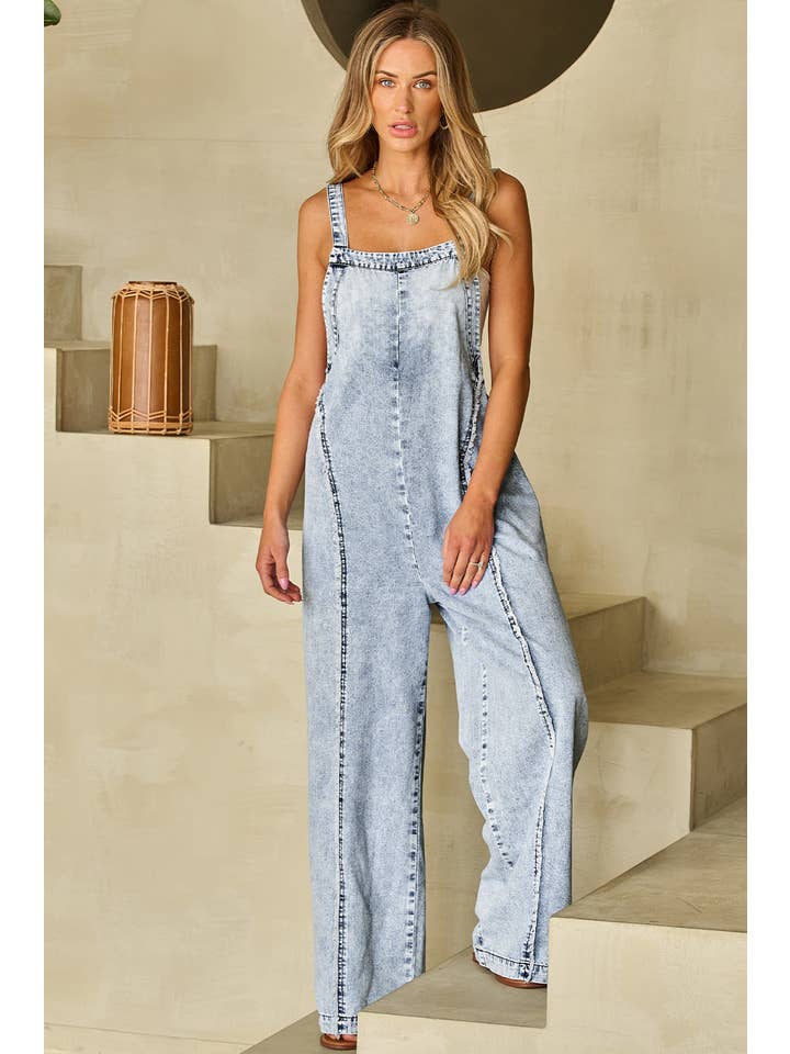 1 the Woman - Wholesale Overalls - Women's - Light Wash Frayed Exposed Seam Wide Leg Denim Overall
