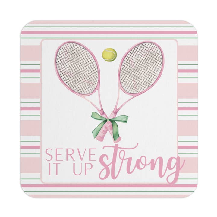 Ensemble de sous-verres en papier "Servez-le fort" raquette de tennis rose pour la vente par Design Carolinas