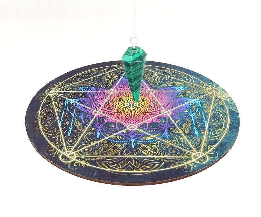 GREENROOTS USA LLC - Wholesale Meditation Supplies - Pentagram Lotus Metatron Pendulum / Altar Board 7"D0