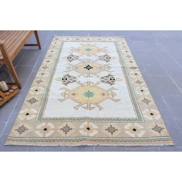5,2x8,6 ft Rug, Turkish Vintage Rug, Yellow Beige floral geometric Wool Rug for wholesale by The Loom Wholesale