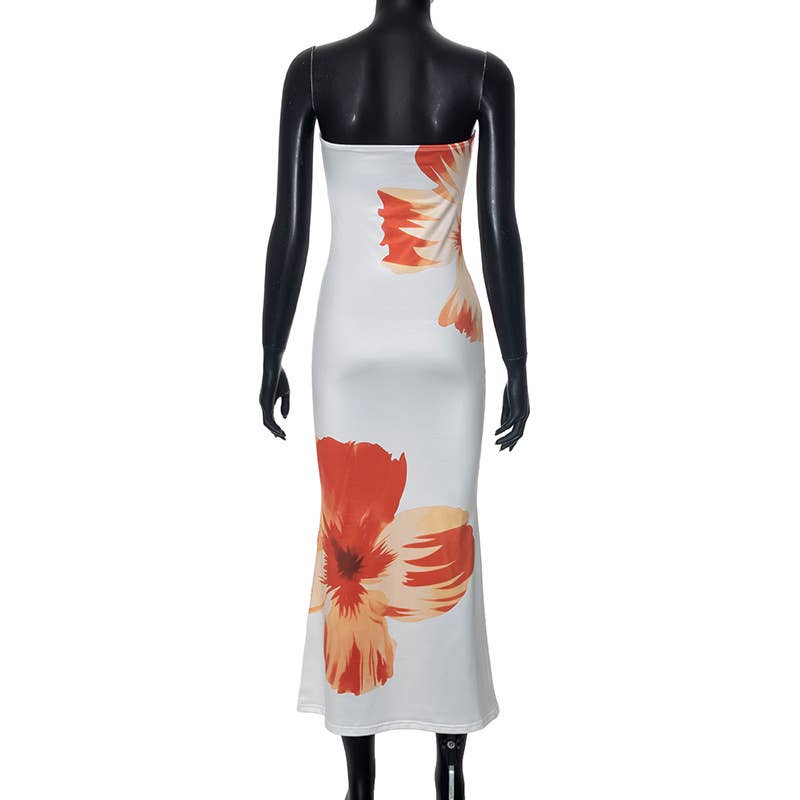 White Hawaii Hibiscus Floral Bandeau sleeveless tube dress for wholesale on Faire2
