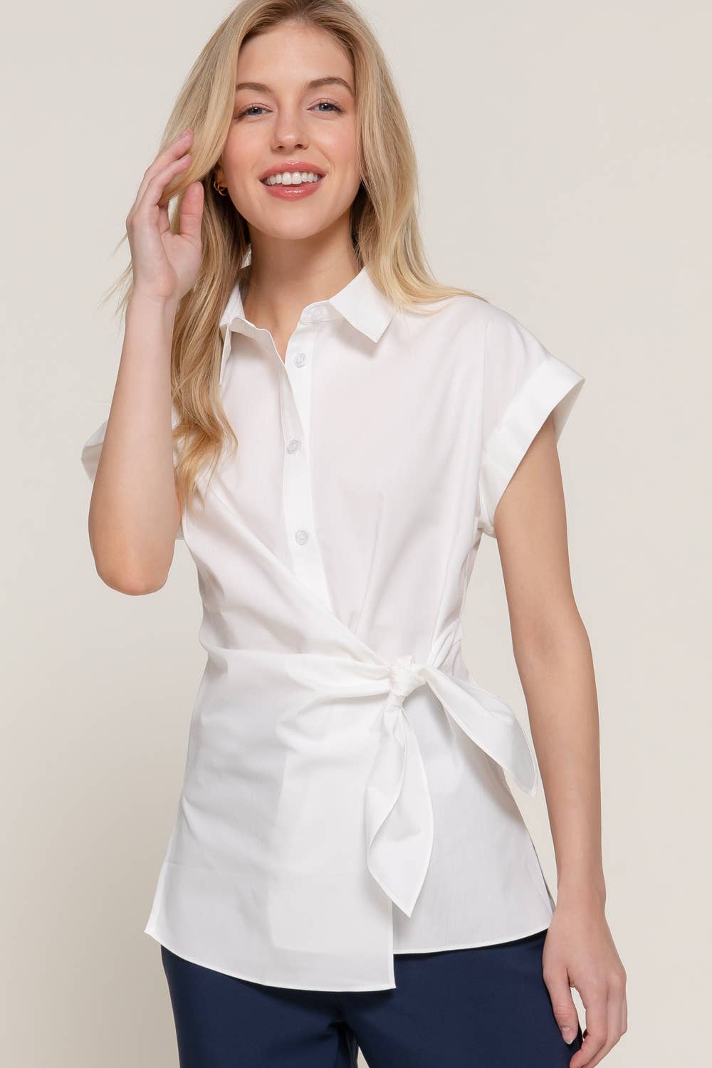 Active Basic | Active USA - Wholesale Button Down Shirt - Women's - Short Dolman Sleeve Button Down Side Knot Poplin Shirt15