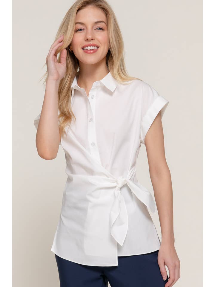 Active Basic | Active USA - Wholesale Button Down Shirt - Women's - Short Dolman Sleeve Button Down Side Knot Poplin Shirt15